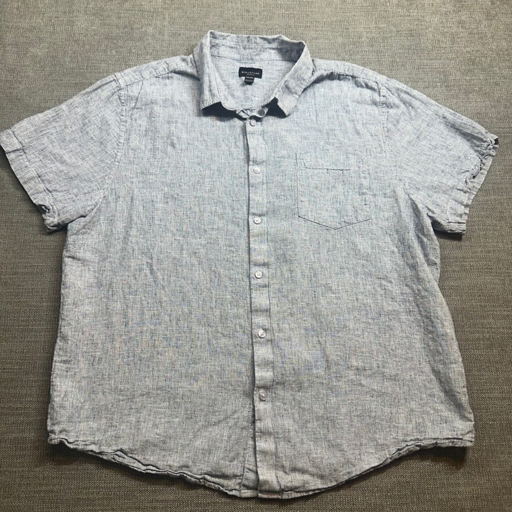 Structure Button Down Shirt Mens‎ XXL Light Blue  Linen Blend Short Sleeve
